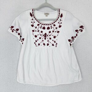Lucky Brand Shirt Womens Small White Red Embroidered Boho Peasant Top Blouse